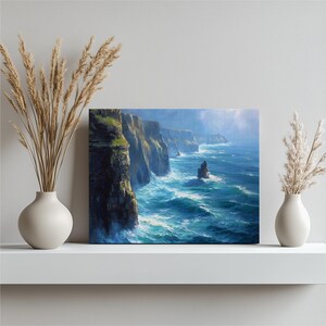 Dramatic Ocean Cliffs Canvas Wall Art – Colorful coastal seascape crashing waves rocky coast nautical decor ocean painting print gift