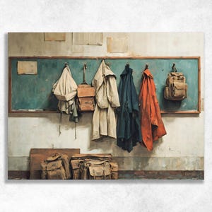Nostalgic Classroom Coat Hooks and Backpacks Wall Art, Painterly School Memory in Soft Winter Light, Vintage Oil Canvas Decor