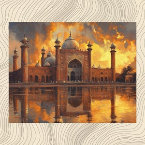 Pakistan Lahore Canvas Wall Art, Badshahi Mosque Decor, Mughal Architecture Print, Sunset Painting, Home Decoration, Unique Travel Souvenir
