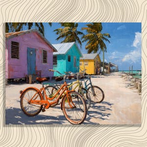 Belize beach bicycles canvas wall art - colorful tropical coastal decor print with pastel huts palm trees ocean painting gift