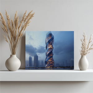 Twisting Tower Dubai Canvas Wall Art - Modern City Skyline Skyscraper Architecture Print for Living Room Home Decor - Urban Design Poster