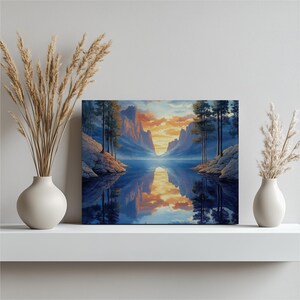 Serene Lake Canvas Wall Art Print, Tranquil Lake Painting and Nature Decor - Unique Reflection Art Gift for Living Room, Bedroom, Office