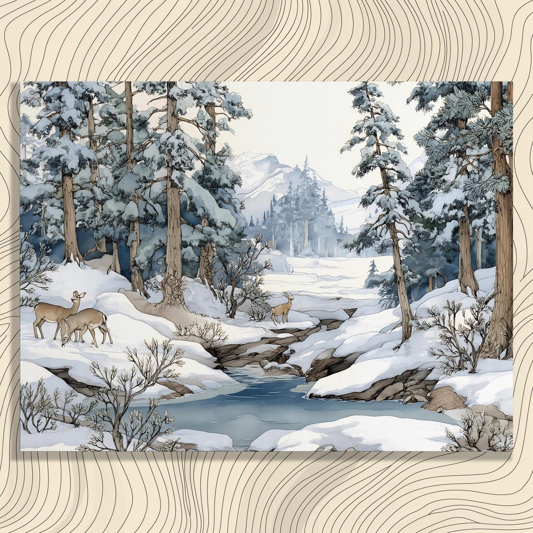 Deer Winter Landscape Canvas Wall Art – Tranquil Snowy Forest Mountain ...