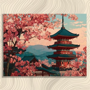 Cherry Blossom Pagoda Canvas Wall Art – Japanese Temple Print Spring Landscape Colorful Decor Floral Painting Mountain Scenery Gift Idea