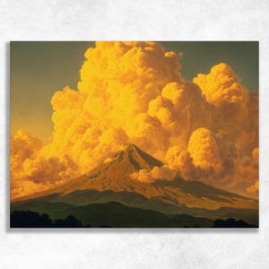 May include: A landscape painting depicts a mountain with a peak surrounded by large, fluffy, golden-yellow clouds. The mountain is brown and tan, with dark green foothills in the foreground. The sky transitions from a dark green to a golden yellow.