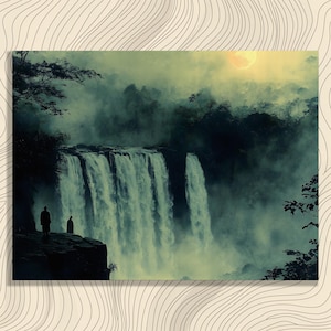 Serene Waterfall Canvas Wall Art - Full Moon Silhouette Nature Print Modern Landscape Mystery Forest Scene Tranquil Night Decor