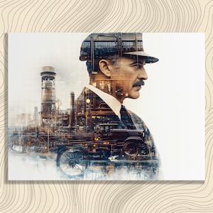 Vintage Industrial Canvas Wall Art – Double Exposure Industrial Portrait Print Vintage Portrait Tech Innovation Engineers Gift
