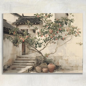 Chinese Courtyard Canvas Wall Art, Jiangnan Ink Watercolor Quince Tree Print, Vintage Botanical Aged Paper Decor with Clay Pots
