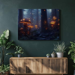 Mystische Wald Leinwand Wandkunst mit leuchtenden Pilzen Glühwürmchen, neblige Waldlandschaft für Boho Fantasy Home Decor perfektes Geschenk