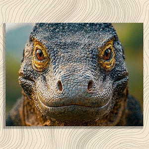 May include: Close-up photograph of a Komodo dragon's face. The reptile has textured, gray skin and striking amber eyes. The image is well-lit, highlighting the dragon's scales and facial features. The background is blurred, focusing attention on the dragon.