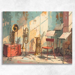 May include: A collection of brass musical instruments including a tuba, a trumpet, and a euphonium arranged near a red storage trunk, a red chair, and two metal music stands with sheet music, all set against a textured wall with light.