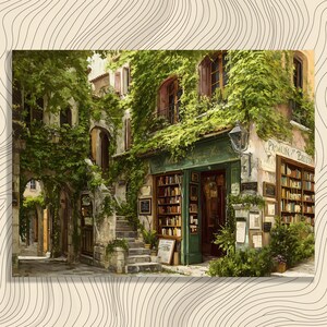 May include: An artistic rendering of a quaint bookstore, its facade covered in lush green vines. The shop's entrance is framed by a green awning and door, with shelves filled with books. The scene evokes a sense of old-world charm and literary escape.