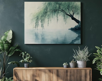 Serene Willow Tree Canvas Wall Art Print – Tranquil Nature Painting Decor Gift for Living Room, Bedroom, Office, Hallway, Study