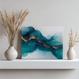 Modern Abstract Painting Fluid Art Canvas with Blue Teal and Gold Accents - Contemporary Home Decor Wall Art for Living Room Bedroom Office