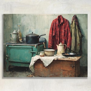 May include: A green vintage stove with a black pot, a metal kettle, and a glass bottle. A wooden chest sits in front, covered by a white cloth, holding a small mug, a bowl, a cream-colored kettle, and a black skillet. A red plaid shirt and a green jacket hang on the wall.