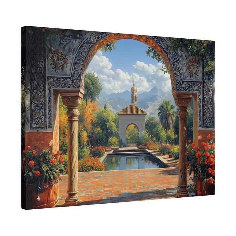 Islamic Arch Canvas Wall Art, Ornate Design With Tranquil Garden View