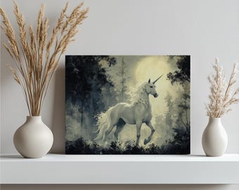 May include: A canvas print featuring a white unicorn in a misty forest setting. The artwork depicts the mythical creature with a long, flowing mane and horn, set against a backdrop of trees and a soft, glowing moon. The color palette is muted, with shades of gray, white, and touches of green.