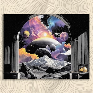 May include: A surreal art print featuring a celestial landscape framed by classical architecture. The artwork showcases planets, colorful nebulae, and mountains. The color palette includes black, white, yellow, purple, and orange.
