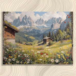 Dolomites Canvas Wall Art Italy Landscape Beautiful Meadows Traditional Chalets Wildflowers Stunning Scenery High Resolution Oil Painting