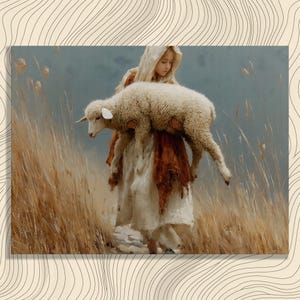 Puede incluir: Una pintura representa a una persona con una túnica blanca que lleva un cordero blanco y esponjoso a través de hierba alta y seca. La persona lleva una capa con capucha y un chal marrón. El fondo presenta un cielo azul apagado, creando una escena pastoral serena.