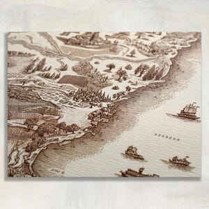 May include: A detailed sepia-toned map print featuring a coastal landscape with trees, buildings, and ships. The map has a vintage aesthetic, with intricate line work and the word "ARGROSA" visible near the water.