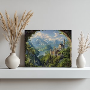 Neuschwanstein Castle canvas wall art, Germany fairy tale turrets, alpine scenery, oil painting, lush greenery, sparkling lakes, carved