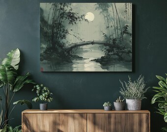 月明かりの竹橋キャンバスウォールアート – 水墨画ミニマリスト