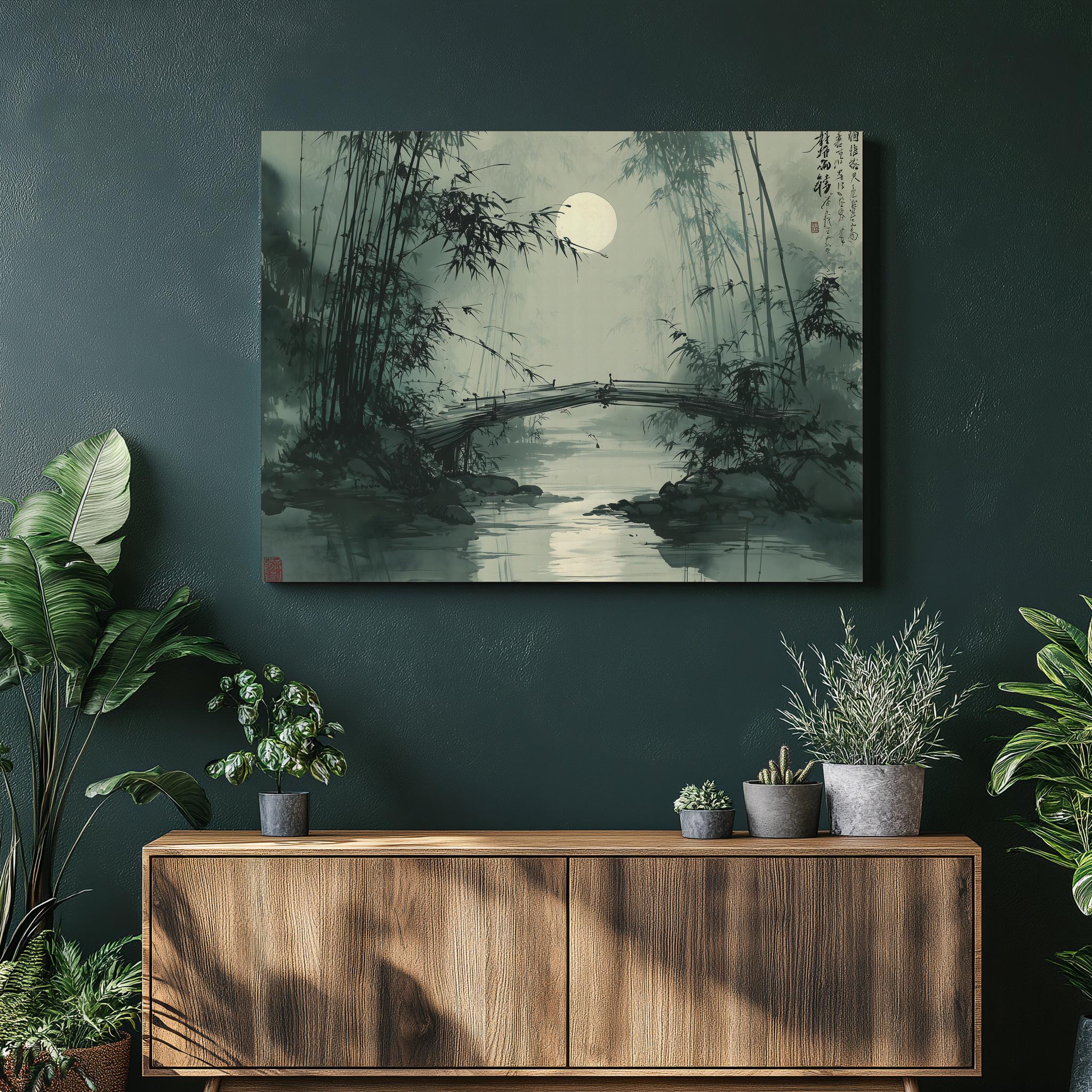 月明かりの竹橋キャンバスウォールアート – 水墨画ミニマリスト