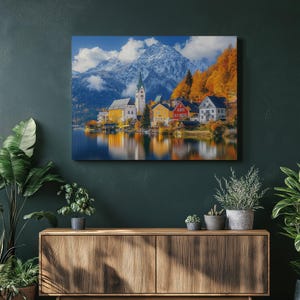 lakeside wall art scenic painting mountain view autumn landscape art village scene rustic charm lake house art nature art mountain painting