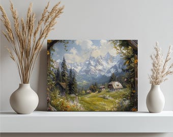 Schweizer Alpen Alpen Leinwand Wandbild, Schneespitzen und Wiesen Gemälde für Wohnzimmer Dekor, Dekoration für Haus, Büro, Eingang, Toilette oder Schlafzimmer