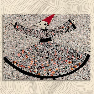 May include: An abstract painting of a whirling dervish in a patterned robe with outstretched arms. The figure wears a red hat and a bird-like mask. The robe features red and yellow floral patterns on a black background.