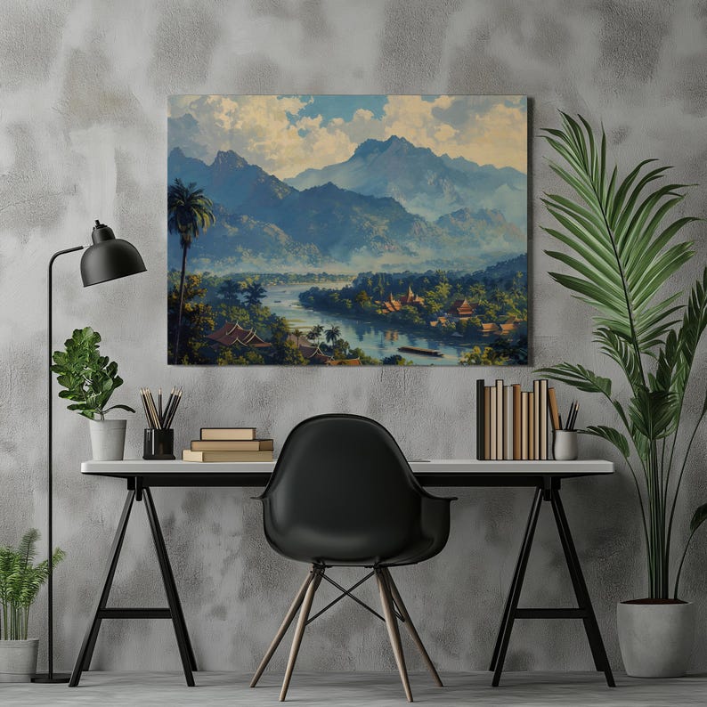 ABCD test mockup for Catchy Laos Canvas Wall Art Nostalgic Luang Prabang Detailed Painting for Living Room Decoration Glittering, Inexpensive Canvas Wall Artwork