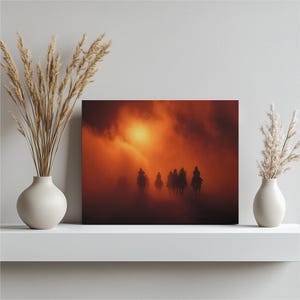 Horse Riders Canvas Wall Art – Desert Horse Silhouette Print Dramatic Sunset Equine Decor Dusty Orange Landscape Poster Art Print