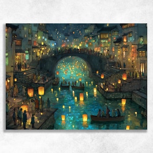 May include: An artistic print depicts a nighttime scene of a city with a river and bridge. Floating lanterns illuminate the water and sky, with people on the bridge and in boats. Buildings with lit windows line the riverbanks.