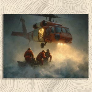 Coast Guard Rescue Canvas Wall Art - Stormy Ocean Helicopter Painting Search and Rescue Maritime Decor Pilot Gift for Aviation Lovers