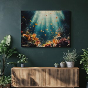 Vibrant Underwater Ocean Canvas Wall Art - Colorful Coral Reef Fish Print with Sunlight Beams for Living Room, Beach Tropical Decor