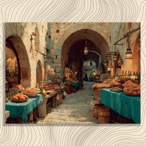 May include: An artistic depiction of a bustling marketplace with stone archways and stalls. Tables are covered with blue cloths, displaying various foods like bread and pastries. Lanterns hang from the ceiling, illuminating the scene.