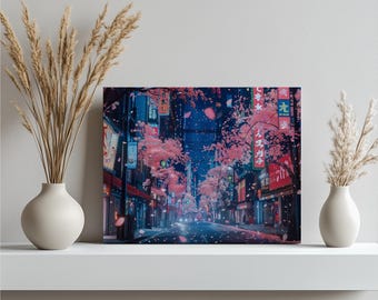 Tokyo Canvas Wall Art Bustling Street Neon Signs Vibrant Colors Cherry Blossoms Night Cityscape Home Decor, Office Artwork, Stretched Canvas