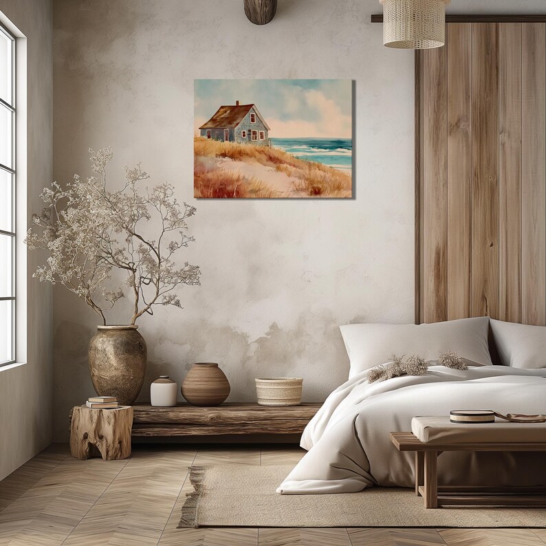 Coastal Beach Cottage Canvas Wall Art – Watercolor Seascape Print ...