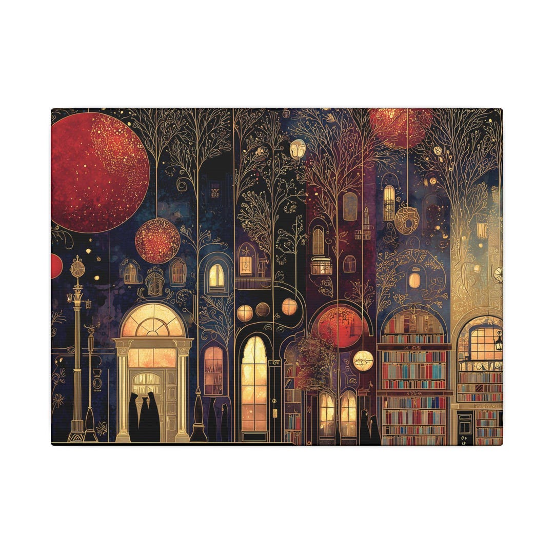 Austrian Fantasy Library Canvas Wall Art - Moonlit Bookshop Painting ...