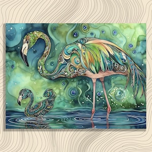 Vibrant Flamingo Canvas Wall Art - Tropical Watercolor Bird Painting Colorful Nature Decor Aquatic Green Blue Background Surreal Decor