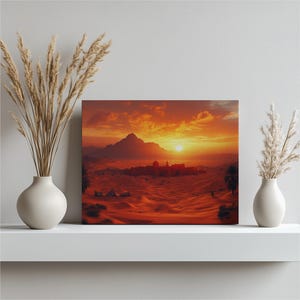 Morocco Decor Desert Painting Sahara Desert Berber Tents Palm Trees Decor Sunset Painting Mountain Scene Nature Wall Art Colorful Landscape