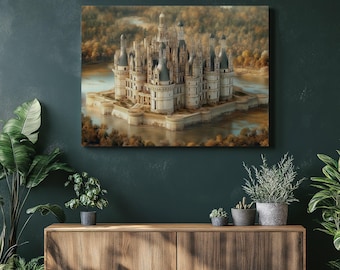 Chateau de Chambord Canvas Wall Art Print - French Castle Decor Painting | Historic Landscape Gift for Home, Office Bedroom Decor