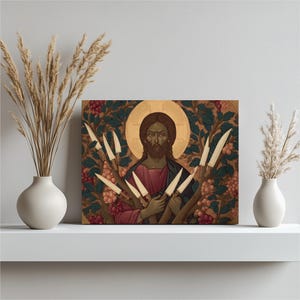 Jesus Christ Canvas Wall Art – Byzantine Iconography Print Golden Halo Religious Gift Decor Traditional Grapevine Knife Illustration