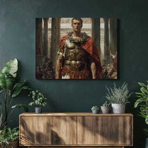 May include: A canvas print showing a Roman emperor in armour, wearing a laurel wreath and a red cloak. The artwork features a detailed illustration of the emperor's attire and the architectural backdrop of a Roman structure, with a crowd in the background.