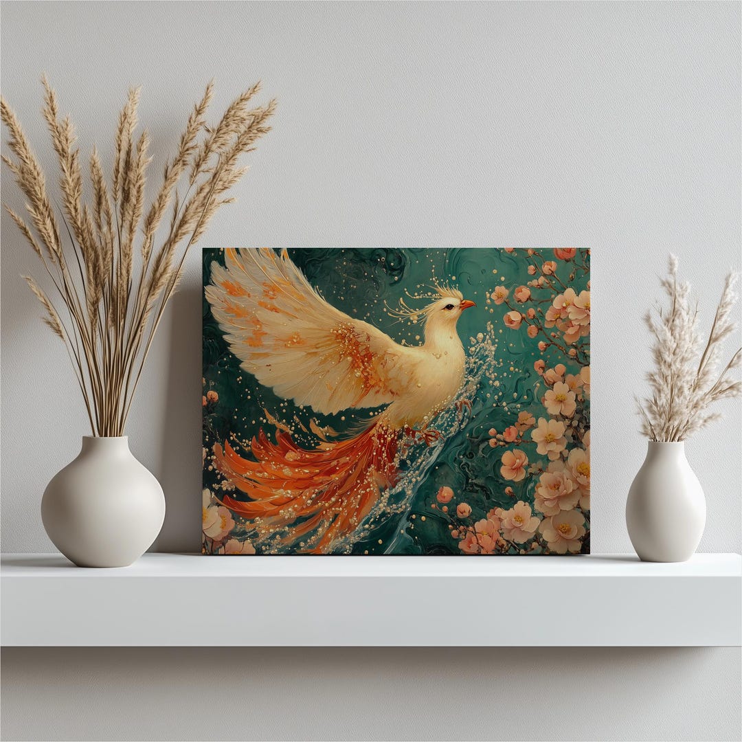 Mythical Phoenix Canvas Wall Art Print – Vibrant Orange Pink Bird ...