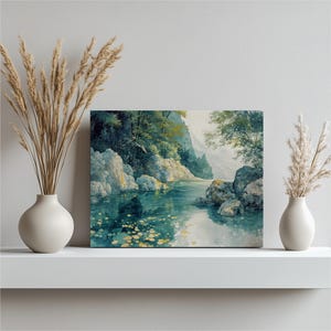 Tranquil Stream Canvas Wall Art – Lush Greenery Rocky Landscape Nature Decor for Living Room, Bedroom – Modern Nature-Inspired Print