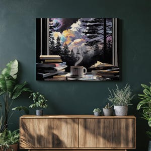 May include: A canvas print depicts a serene scene of a window overlooking a forest and a colorful sky. A stack of books and a steaming mug of coffee sit on the windowsill. The artwork is displayed above a wooden cabinet with plants.