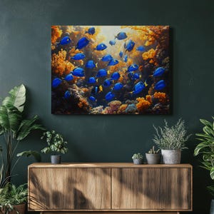Impressão de arte de parede em tela vibrante Blue Tang, decoração com pintura de recife de coral tropical, arte oceânica para escritório em casa, presente perfeito para amantes do oceano