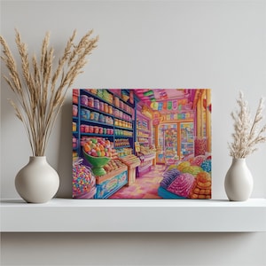 Colorful Candy Store Canvas Wall Art – Vibrant Sweets Treats Painting for Kids Room, Playroom Kitchen Decor, Sweet Nostalgia Gift